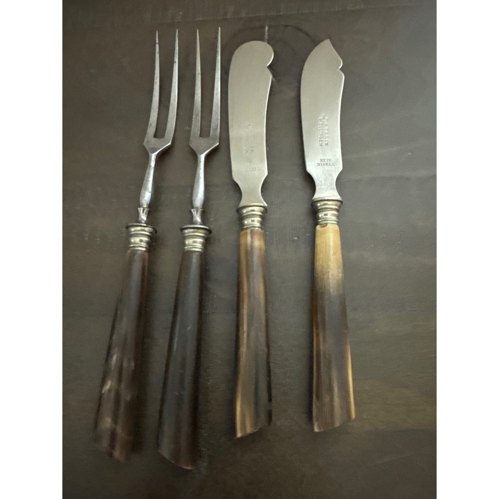 G Felix Solingen Rein Nickel Fish Knives and Cold Meat Forks Horn Handles 4pc
